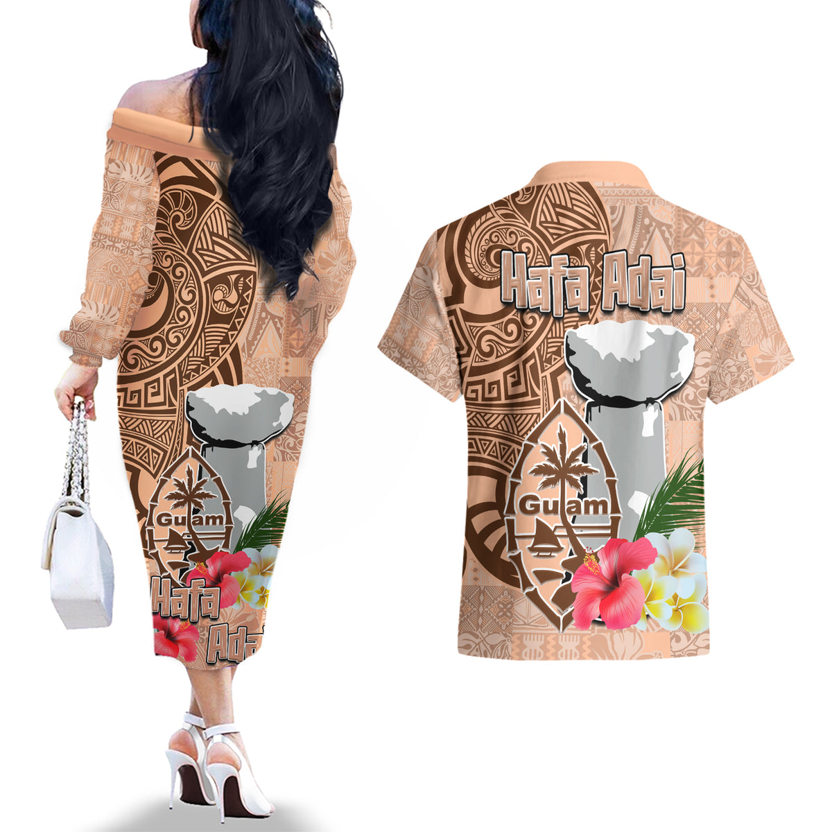 Guam Seal and Latte Stone With Ethnic Tapa Pattern Couples Matching Off The Shoulder Long Sleeve Dress and Hawaiian Shirt Peach Fuzz Color LT03 - Polynesian Pride