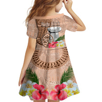 Guam Seal and Latte Stone With Ethnic Tapa Pattern Family Matching Short Sleeve Bodycon Dress and Hawaiian Shirt Peach Fuzz Color LT03 - Polynesian Pride
