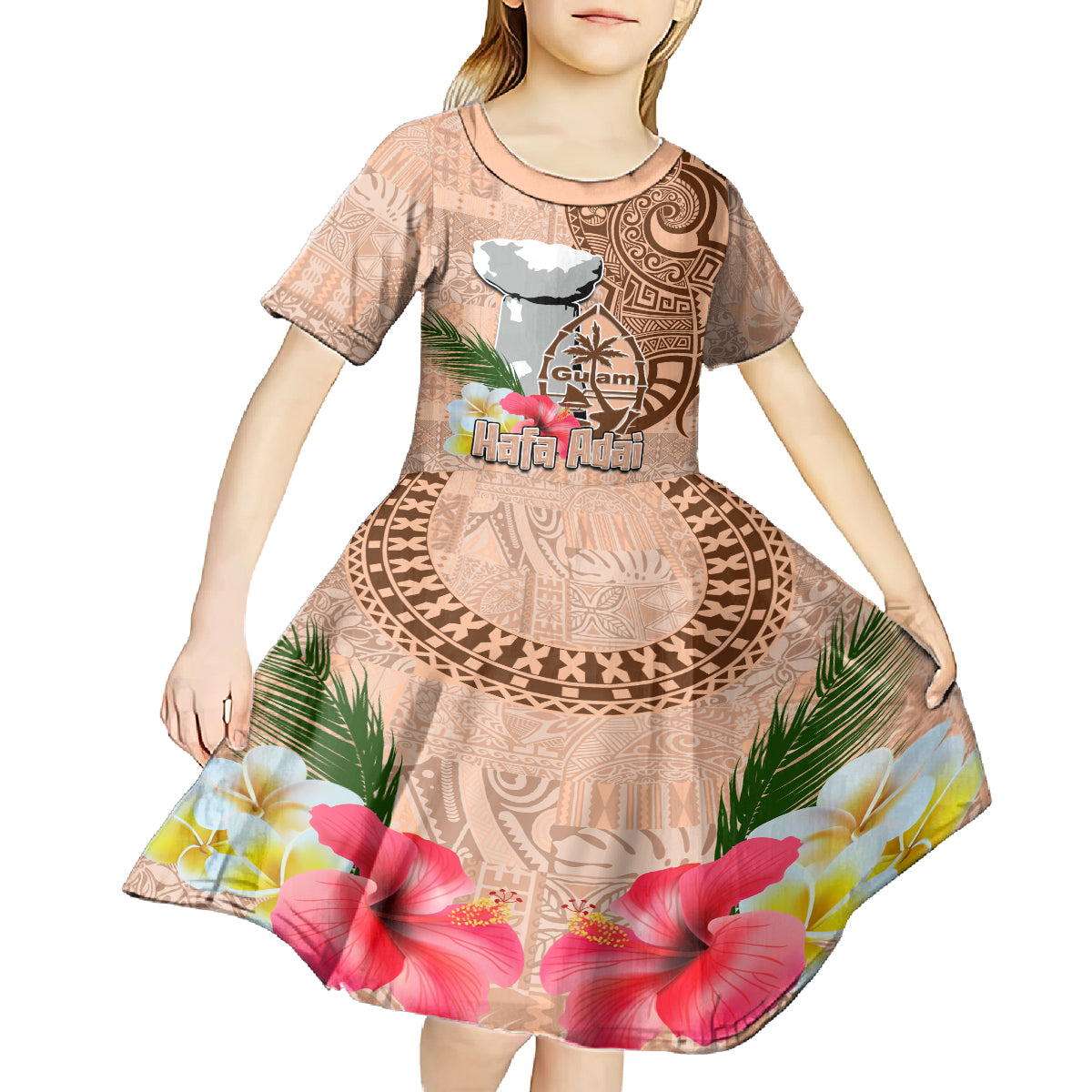 Guam Seal and Latte Stone With Ethnic Tapa Pattern Kid Short Sleeve Dress Peach Fuzz Color LT03 - Polynesian Pride