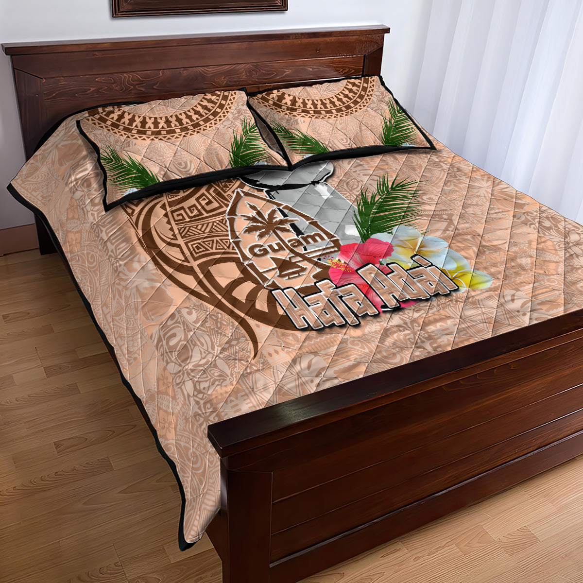 Guam Seal and Latte Stone With Ethnic Tapa Pattern Quilt Bed Set Peach Fuzz Color LT03 - Polynesian Pride