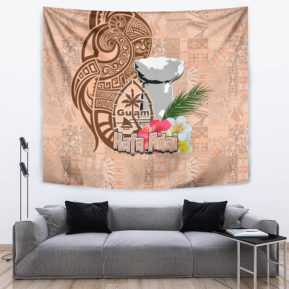 Guam Seal and Latte Stone With Ethnic Tapa Pattern Tapestry Peach Fuzz Color LT03 - Polynesian Pride