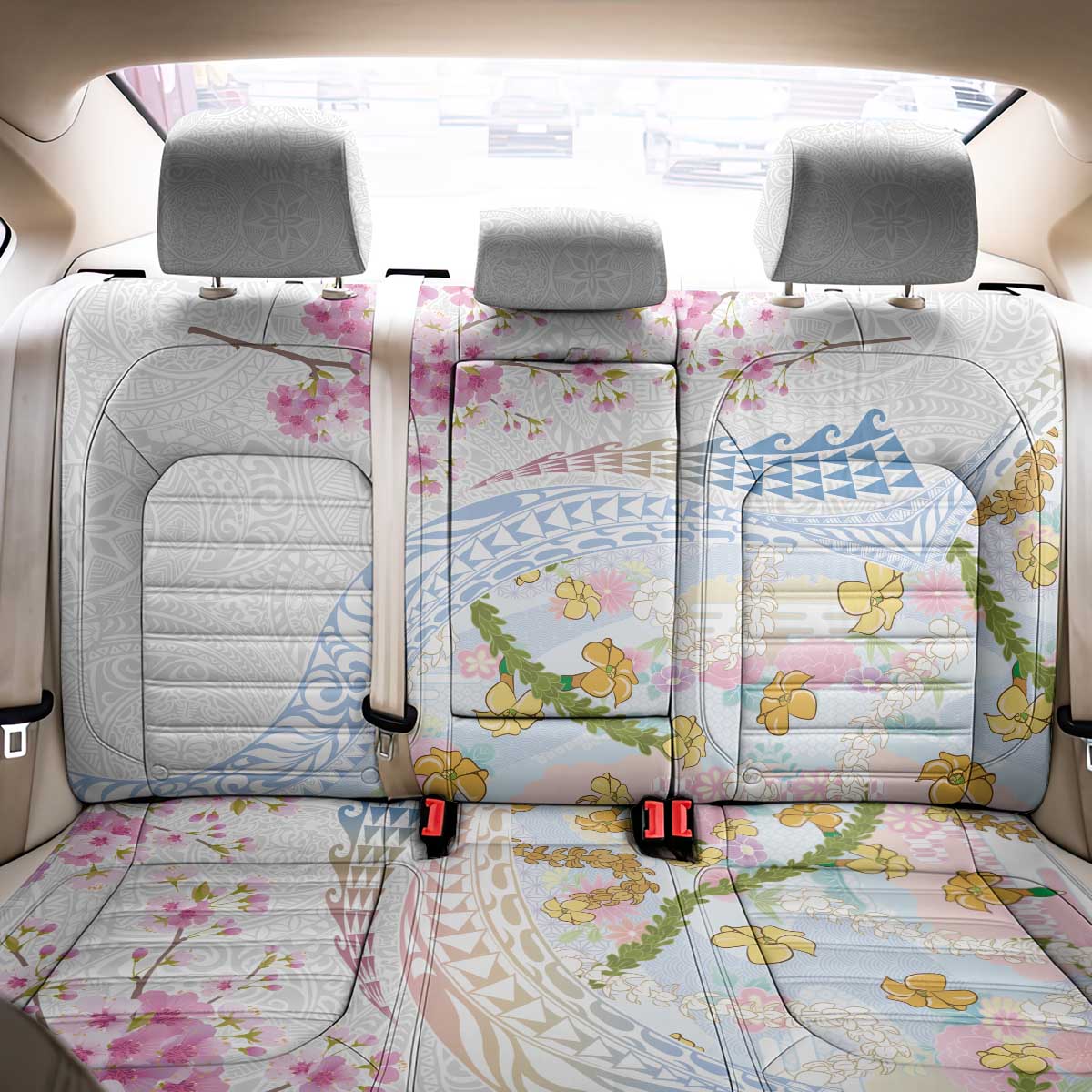 Hawaiian and Japanese Culture Together Back Car Seat Cover Tribal Motifs with Lei and Japanese Sakura Pattern