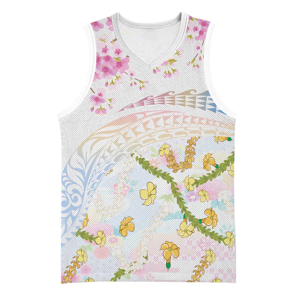 Hawaiian and Japanese Culture Together Basketball Jersey Tribal Motifs with Lei and Japanese Sakura Pattern