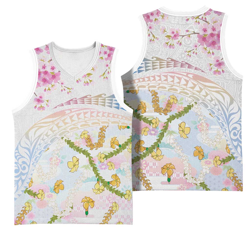 Hawaiian and Japanese Culture Together Basketball Jersey Tribal Motifs with Lei and Japanese Sakura Pattern