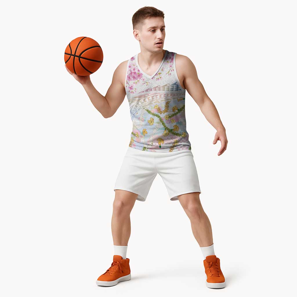 Hawaiian and Japanese Culture Together Basketball Jersey Tribal Motifs with Lei and Japanese Sakura Pattern