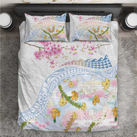 Hawaiian and Japanese Culture Together Bedding Set Tribal Motifs with Lei and Japanese Sakura Pattern LT03 White - Polynesian Pride