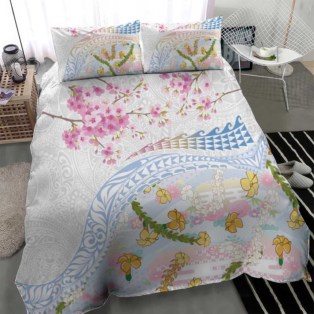 Hawaiian and Japanese Culture Together Bedding Set Tribal Motifs with Lei and Japanese Sakura Pattern LT03 - Polynesian Pride