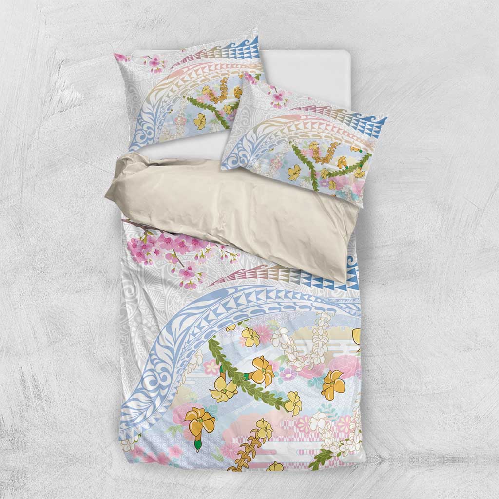 Hawaiian and Japanese Culture Together Bedding Set Tribal Motifs with Lei and Japanese Sakura Pattern LT03 US Twin 172cm x 218cm White - Polynesian Pride