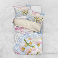Hawaiian and Japanese Culture Together Bedding Set Tribal Motifs with Lei and Japanese Sakura Pattern LT03 US Twin 172cm x 218cm White - Polynesian Pride