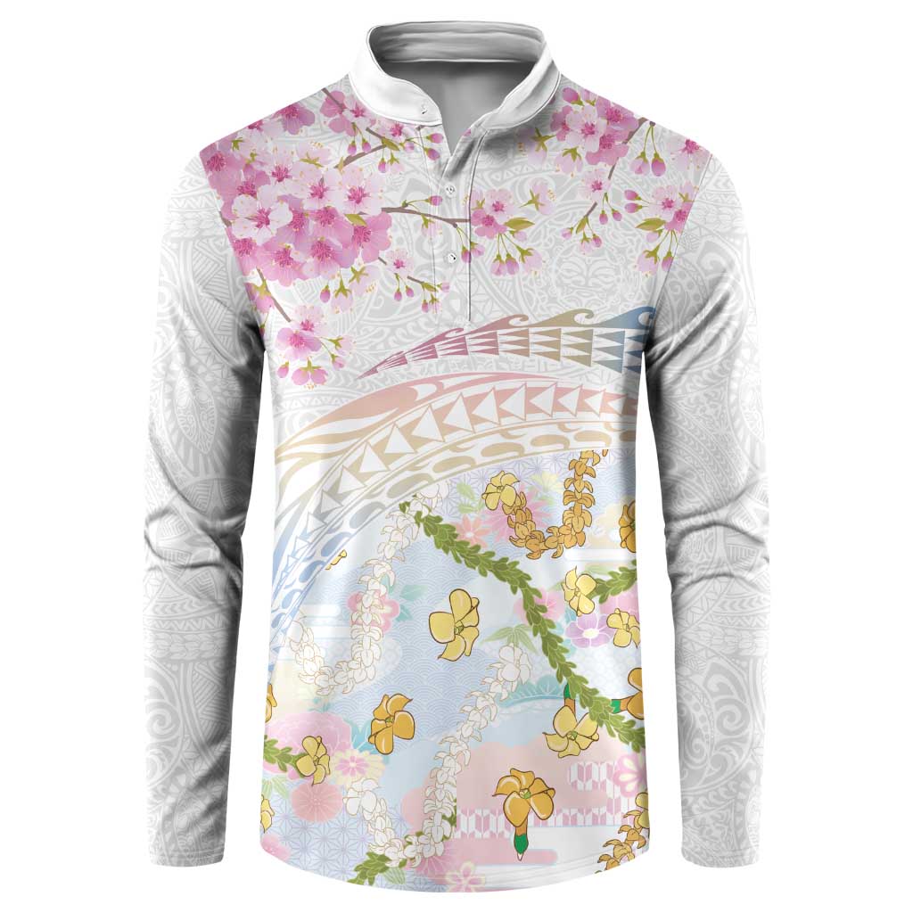 Hawaiian and Japanese Culture Together Button Sweatshirt Tribal Motifs with Lei and Japanese Sakura Pattern