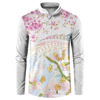 Hawaiian and Japanese Culture Together Button Sweatshirt Tribal Motifs with Lei and Japanese Sakura Pattern
