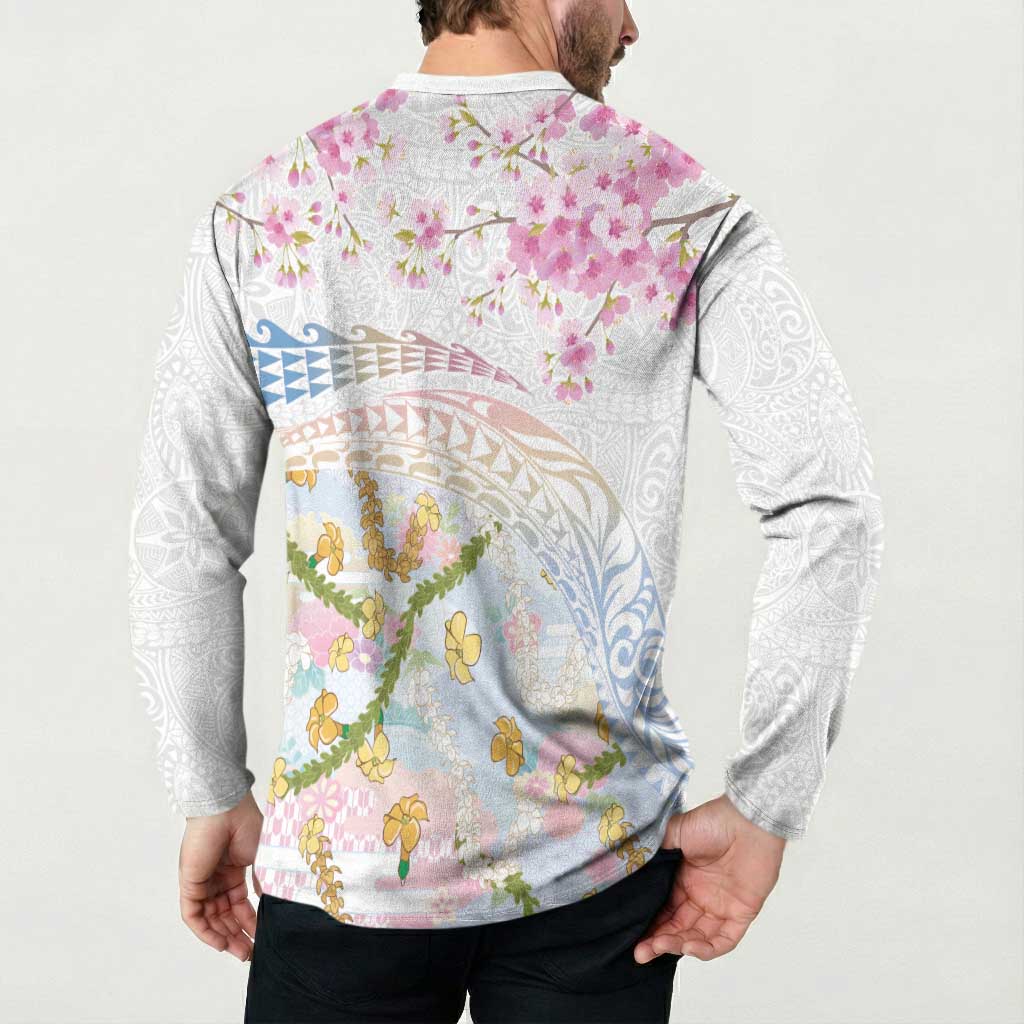 Hawaiian and Japanese Culture Together Button Sweatshirt Tribal Motifs with Lei and Japanese Sakura Pattern