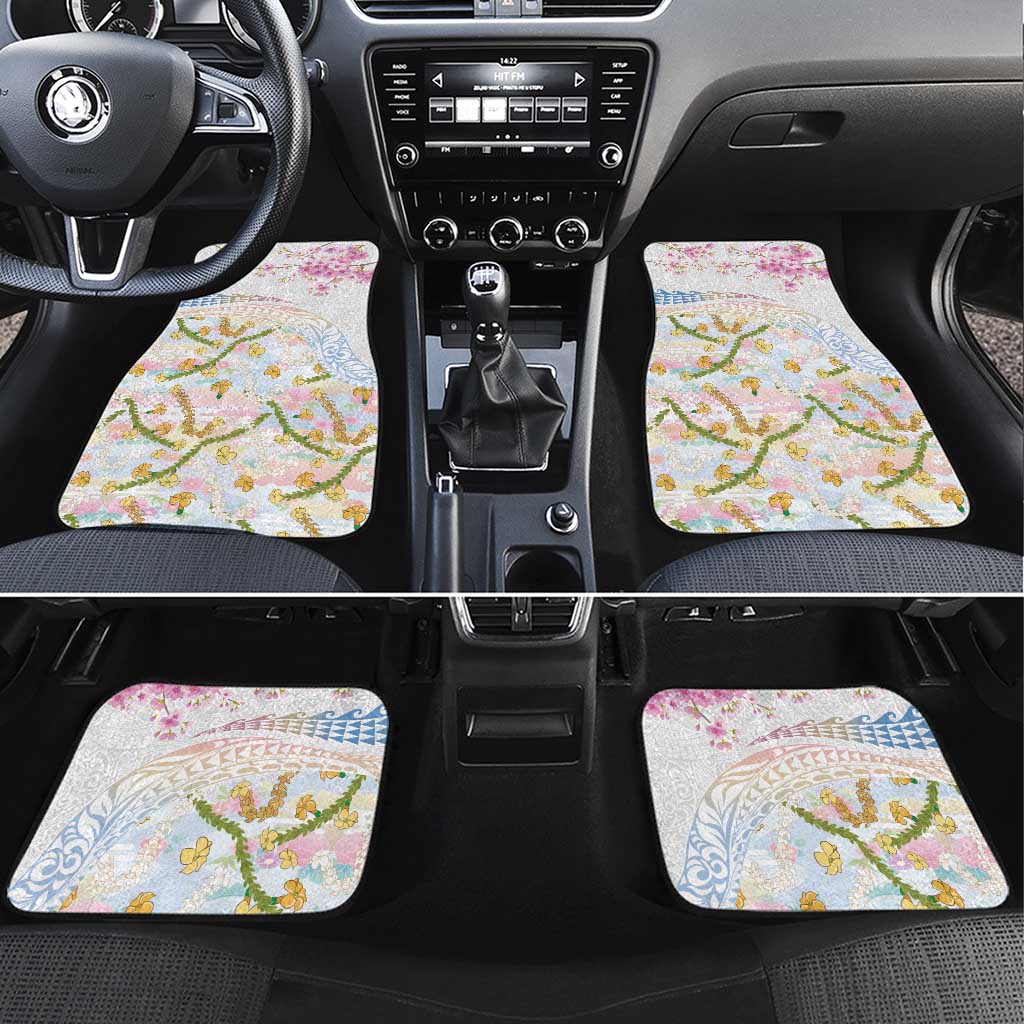Hawaiian and Japanese Culture Together Car Mats Tribal Motifs with Lei and Japanese Sakura Pattern LT03 Set 4pcs White - Polynesian Pride