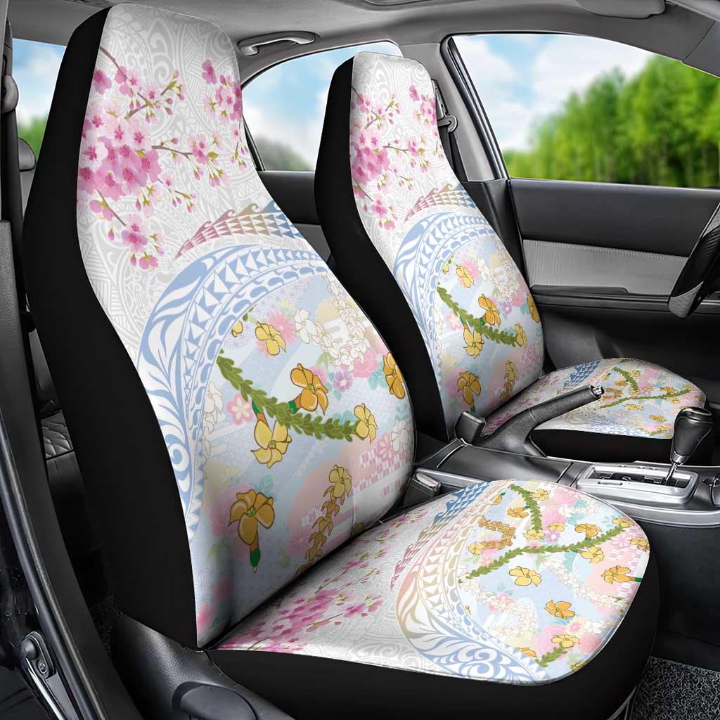 Hawaiian and Japanese Culture Together Car Seat Cover Tribal Motifs with Lei and Japanese Sakura Pattern