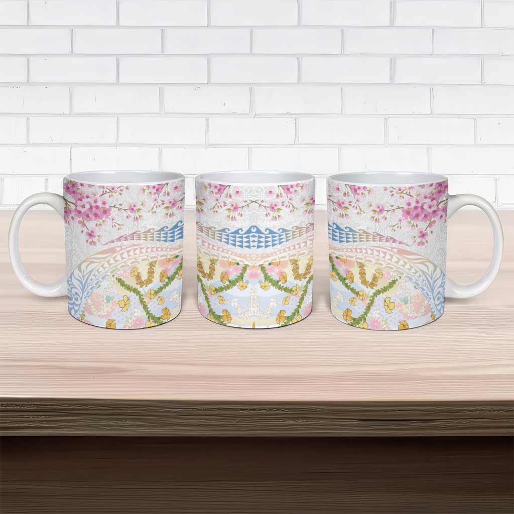 Hawaiian and Japanese Culture Together Ceramic Mug Tribal Motifs with Lei and Japanese Sakura Pattern LT03 - Polynesian Pride