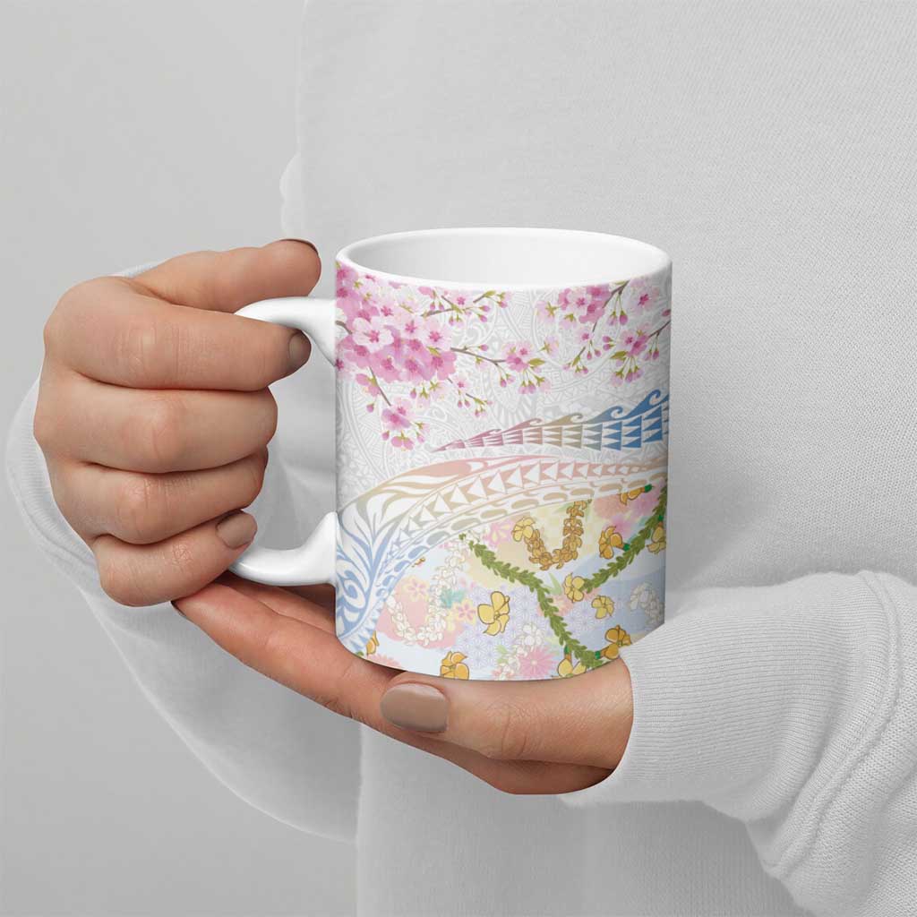 Hawaiian and Japanese Culture Together Ceramic Mug Tribal Motifs with Lei and Japanese Sakura Pattern LT03 - Polynesian Pride