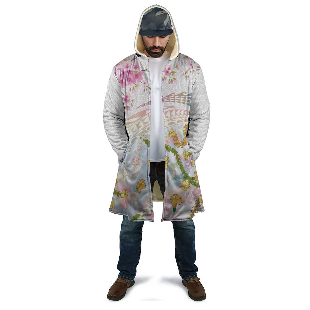 Hawaiian and Japanese Culture Together Cloak Tribal Motifs with Lei and Japanese Sakura Pattern