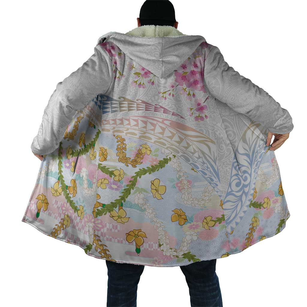 Hawaiian and Japanese Culture Together Cloak Tribal Motifs with Lei and Japanese Sakura Pattern