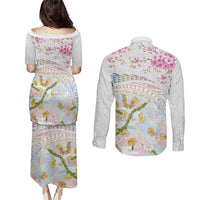 Hawaiian and Japanese Culture Together Couples Matching Puletasi and Long Sleeve Button Shirt Tribal Motifs with Lei and Japanese Sakura Pattern