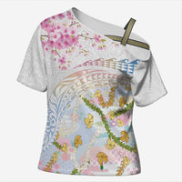 Hawaiian and Japanese Culture Together Cross Shoulder Shirt Tribal Motifs with Lei and Japanese Sakura Pattern