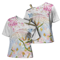Hawaiian and Japanese Culture Together Cross Shoulder Shirt Tribal Motifs with Lei and Japanese Sakura Pattern