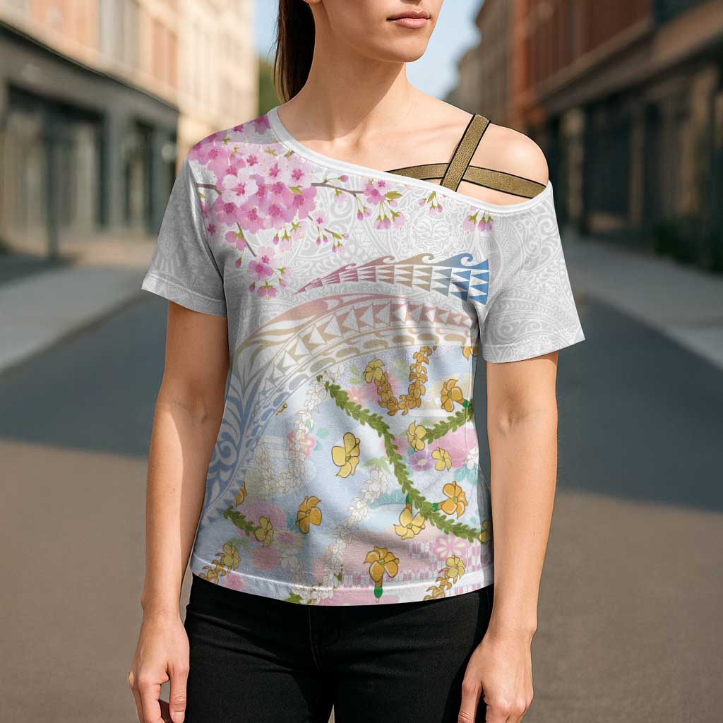 Hawaiian and Japanese Culture Together Cross Shoulder Shirt Tribal Motifs with Lei and Japanese Sakura Pattern