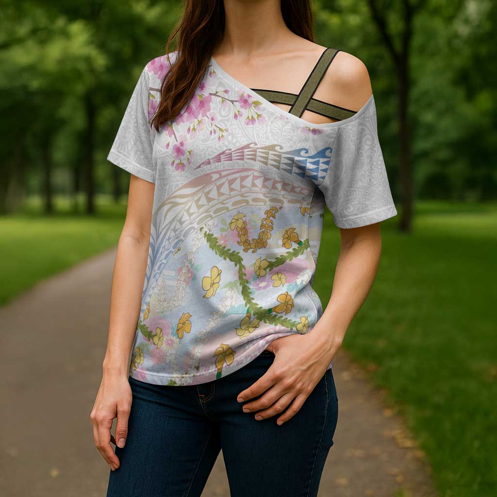 Hawaiian and Japanese Culture Together Cross Shoulder Shirt Tribal Motifs with Lei and Japanese Sakura Pattern