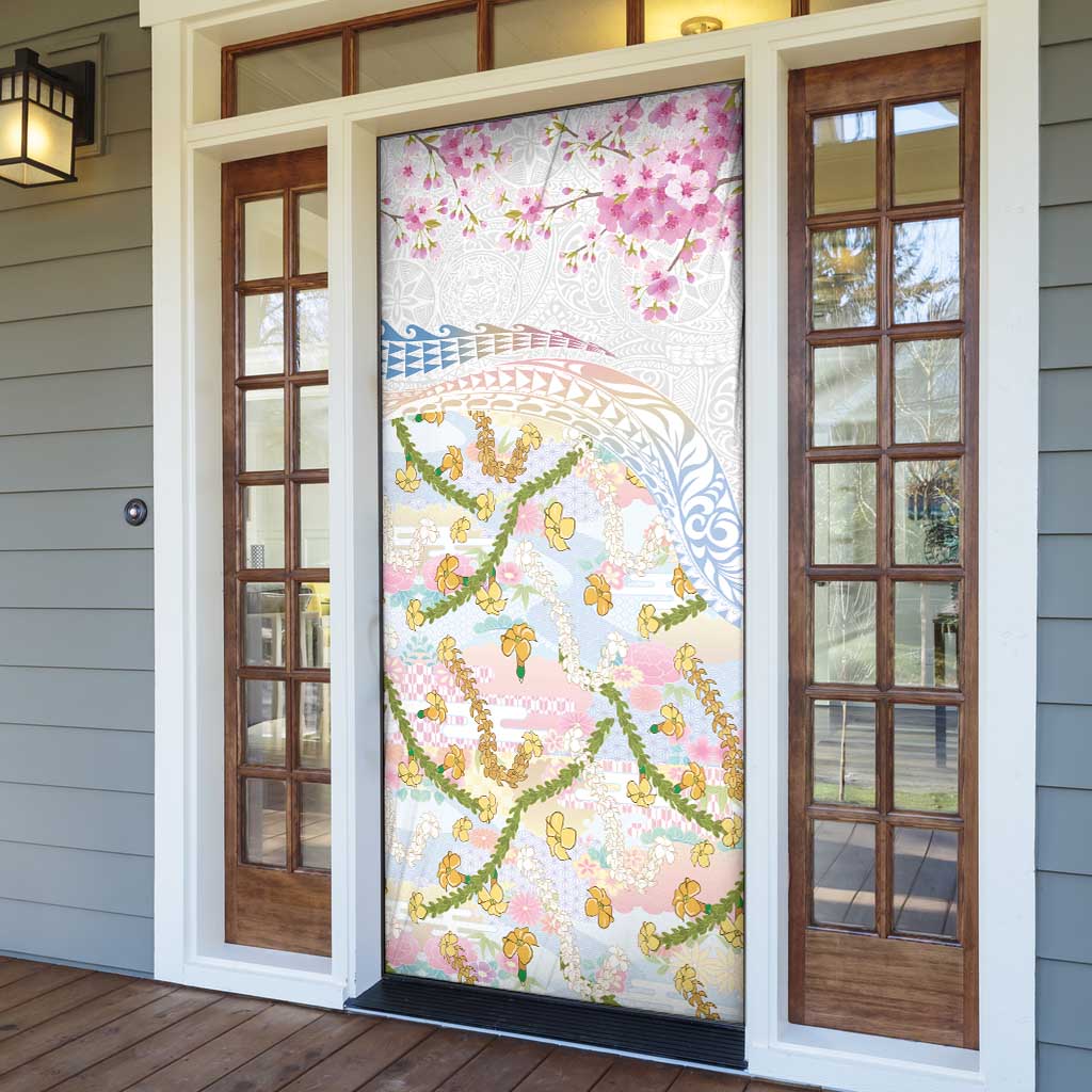 Hawaiian and Japanese Culture Together Door Cover Tribal Motifs with Lei and Japanese Sakura Pattern