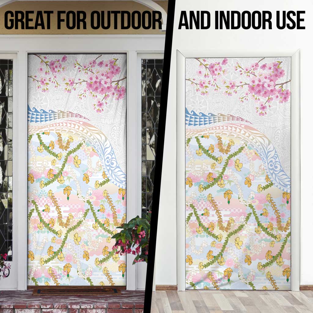 Hawaiian and Japanese Culture Together Door Cover Tribal Motifs with Lei and Japanese Sakura Pattern