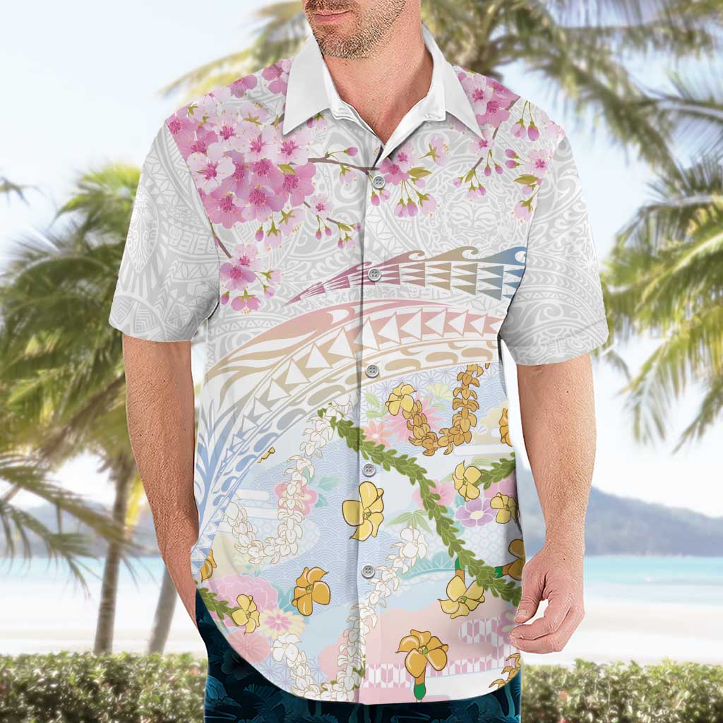 Hawaiian and Japanese Culture Together Hawaiian Shirt Tribal Motifs with Lei and Japanese Sakura Pattern