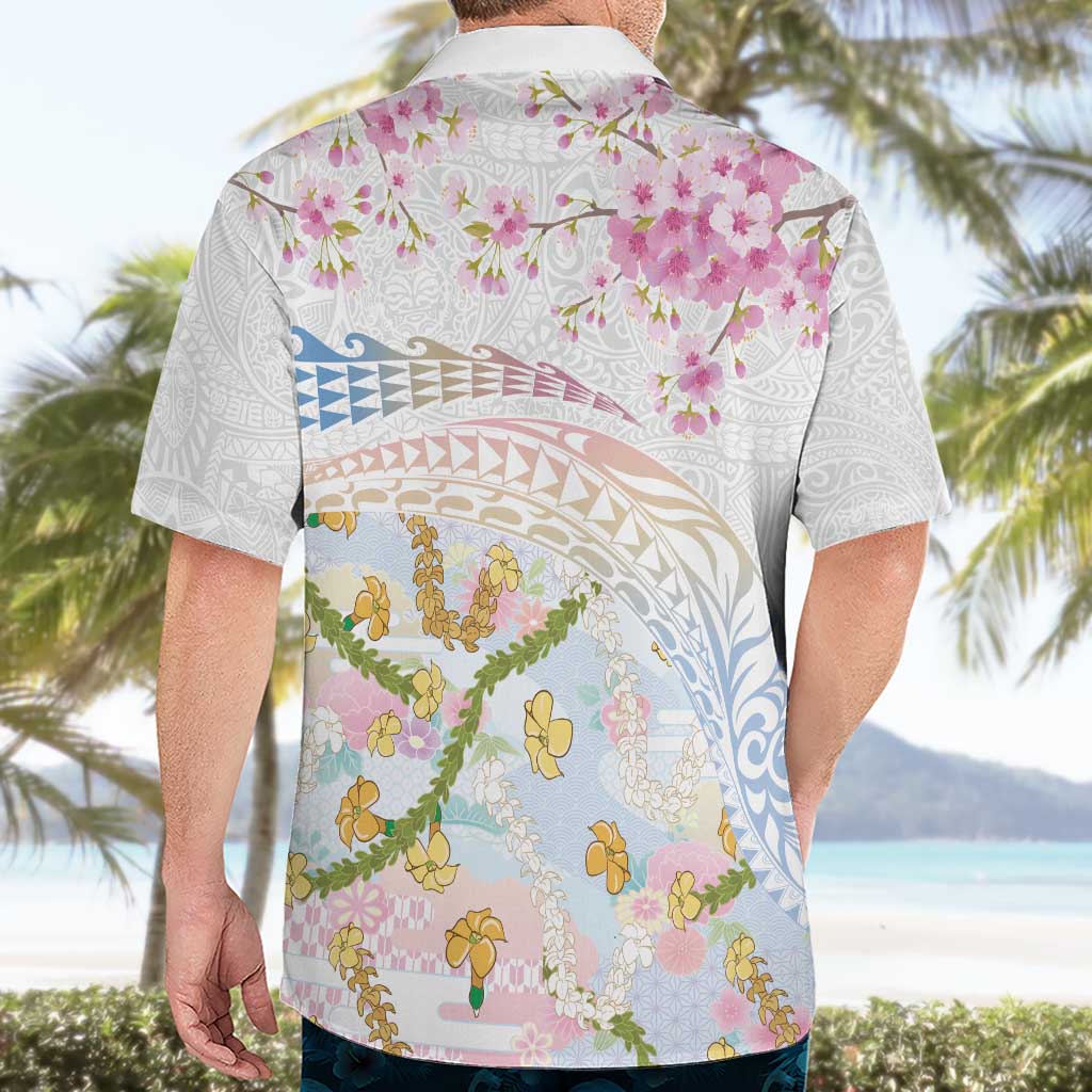 Hawaiian and Japanese Culture Together Hawaiian Shirt Tribal Motifs with Lei and Japanese Sakura Pattern