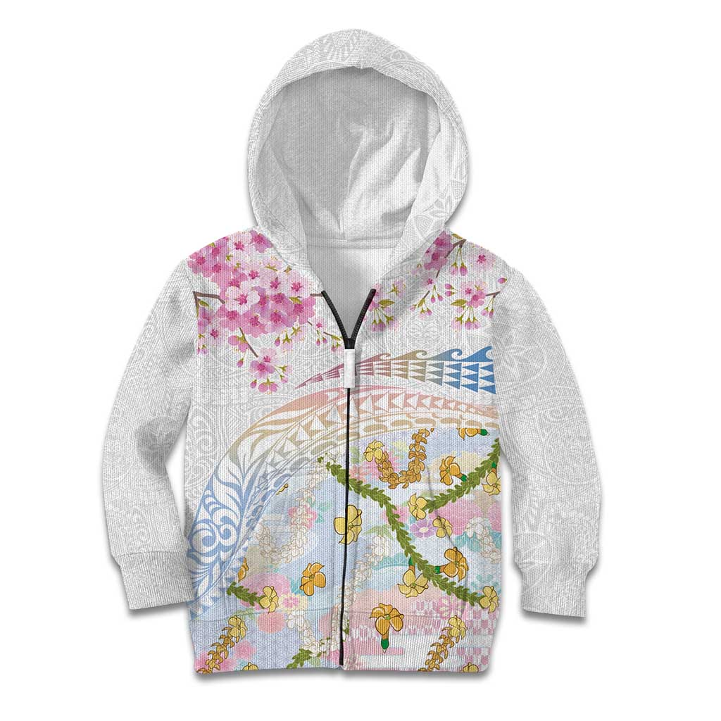 Hawaiian and Japanese Culture Together Kid Hoodie Tribal Motifs with Lei and Japanese Sakura Pattern