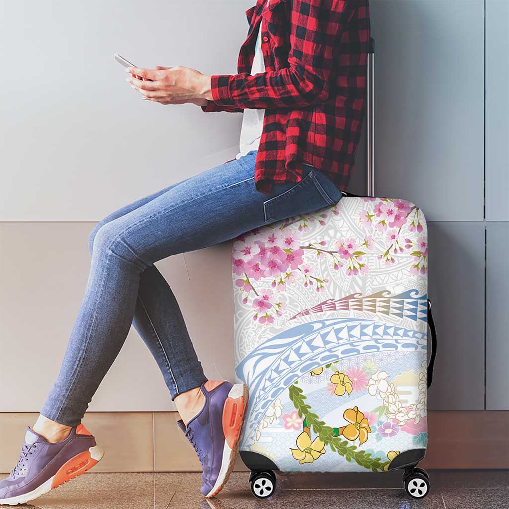 Hawaiian and Japanese Culture Together Luggage Cover Tribal Motifs with Lei and Japanese Sakura Pattern