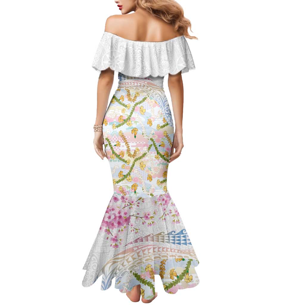 Hawaiian and Japanese Culture Together Mermaid Dress Tribal Motifs with Lei and Japanese Sakura Pattern