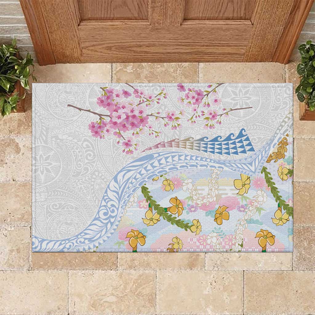 Hawaiian and Japanese Culture Together Rubber Doormat Tribal Motifs with Lei and Japanese Sakura Pattern LT03 White - Polynesian Pride