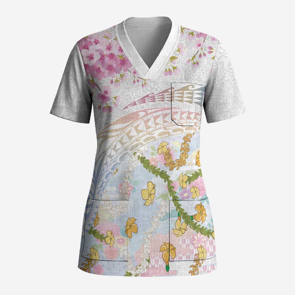 Hawaiian and Japanese Culture Together Scrub Top Tribal Motifs with Lei and Japanese Sakura Pattern LT03 Adult White - Polynesian Pride