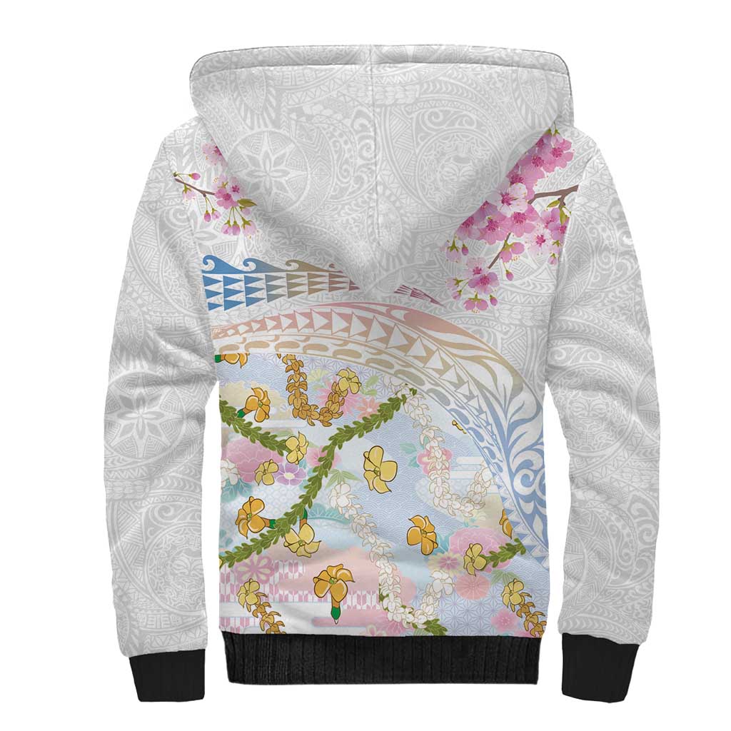 Hawaiian and Japanese Culture Together Sherpa Hoodie Tribal Motifs with Lei and Japanese Sakura Pattern