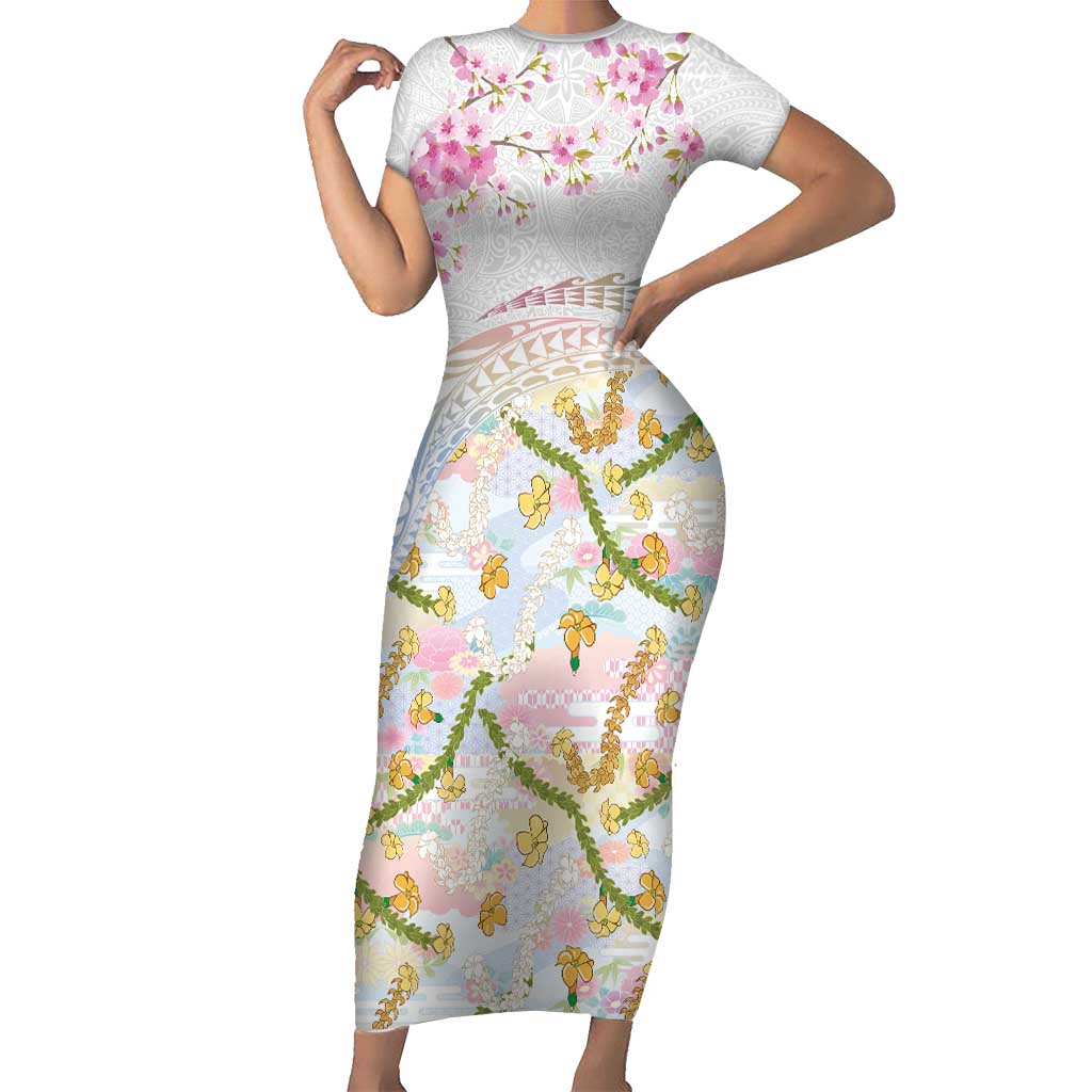 Hawaiian and Japanese Culture Together Short Sleeve Bodycon Dress Tribal Motifs with Lei and Japanese Sakura Pattern LT03 Long Dress White - Polynesian Pride