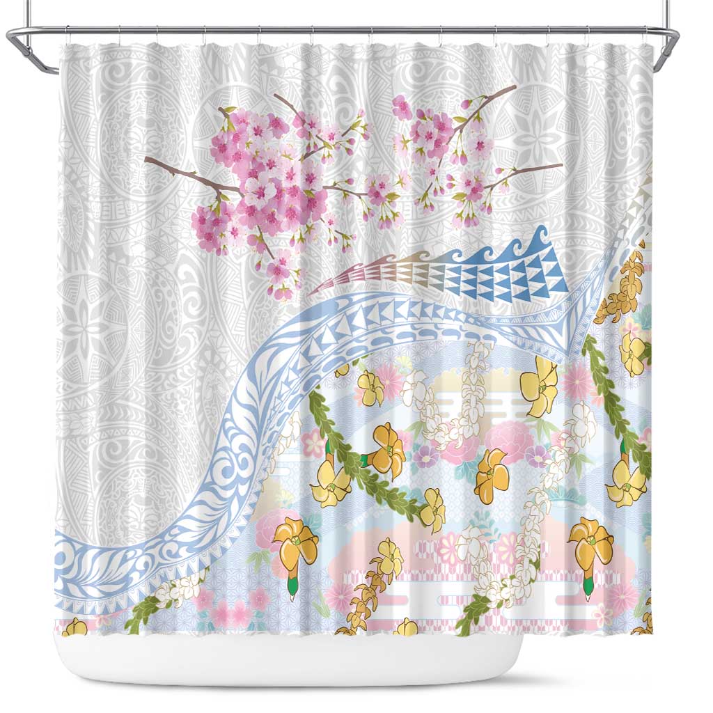 Hawaiian and Japanese Culture Together Shower Curtain Tribal Motifs with Lei and Japanese Sakura Pattern LT03 White - Polynesian Pride