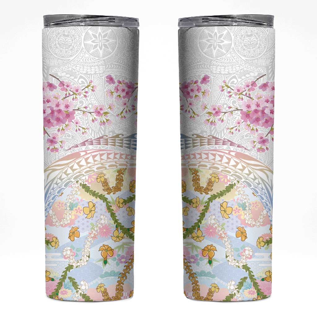 Hawaiian and Japanese Culture Together Skinny Tumbler Tribal Motifs with Lei and Japanese Sakura Pattern
