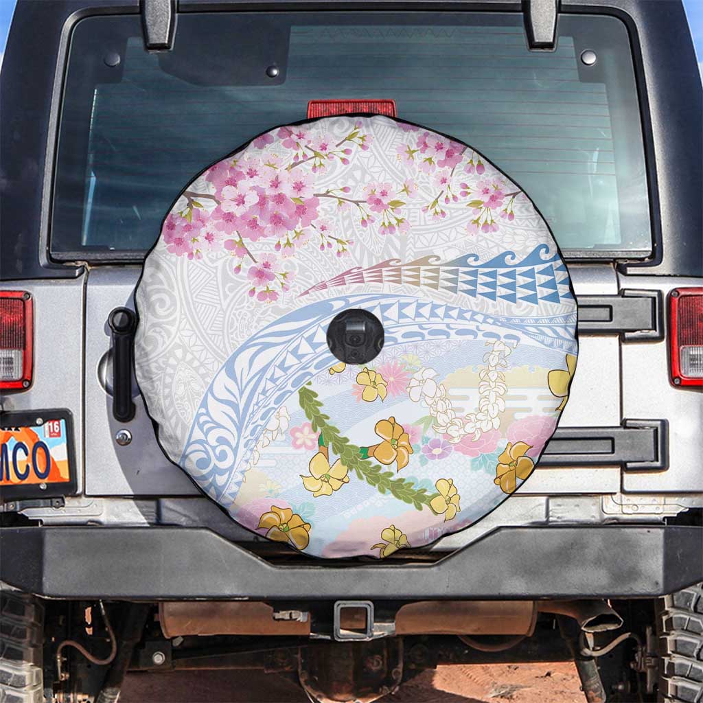 Hawaiian and Japanese Culture Together Spare Tire Cover Tribal Motifs with Lei and Japanese Sakura Pattern