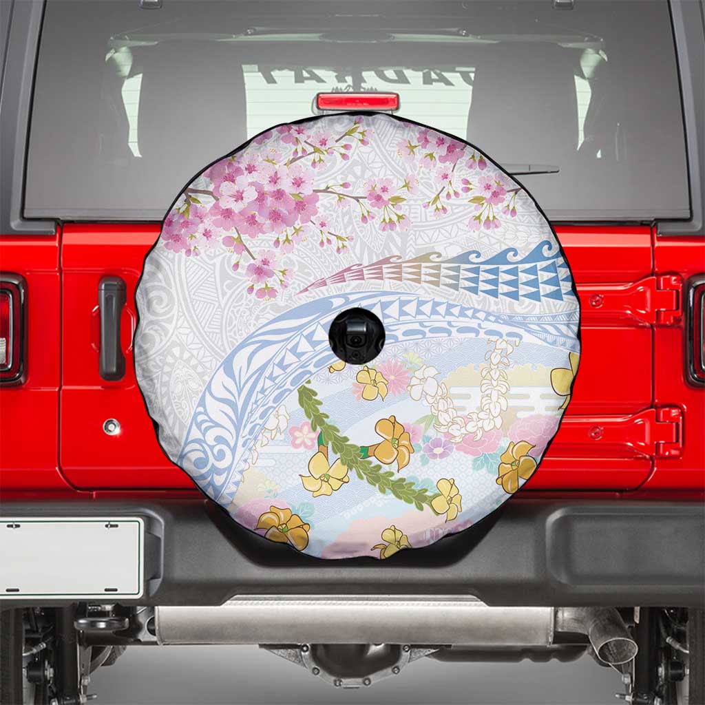 Hawaiian and Japanese Culture Together Spare Tire Cover Tribal Motifs with Lei and Japanese Sakura Pattern