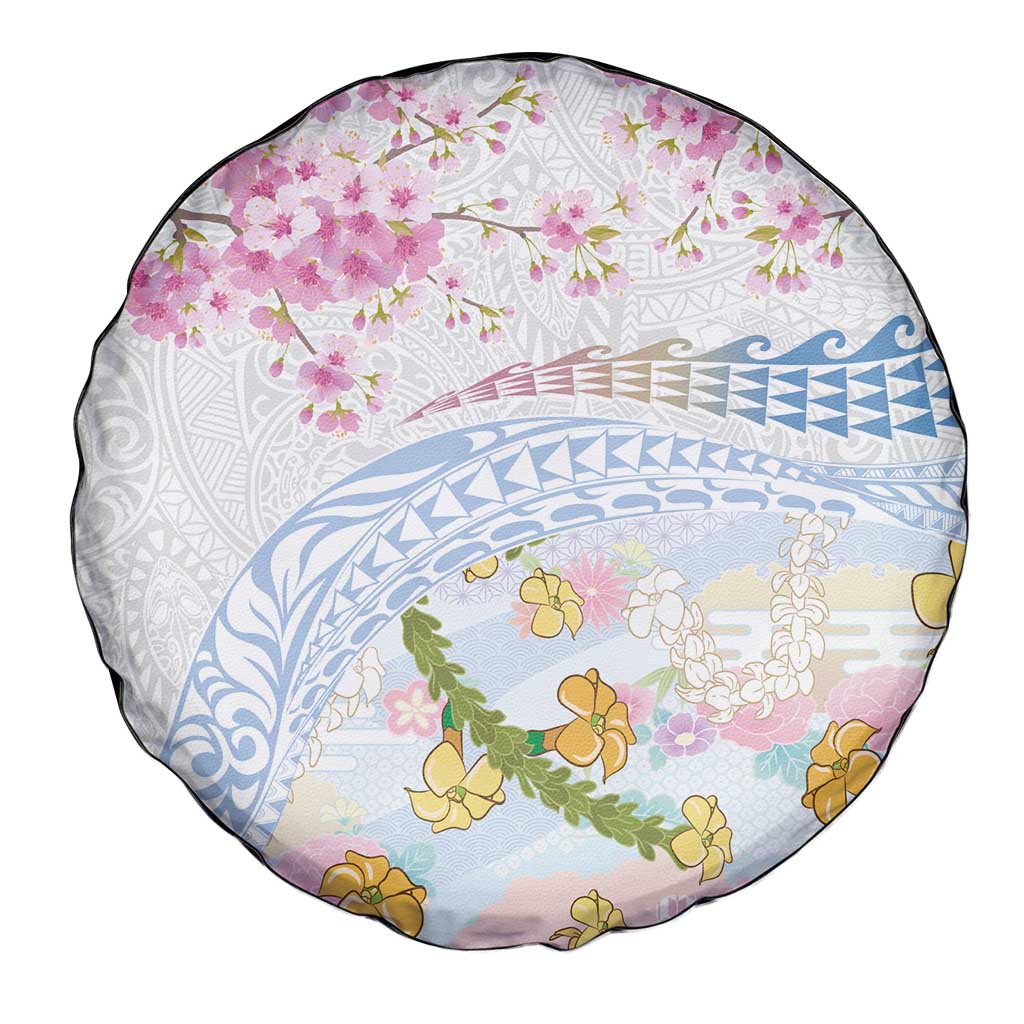 Hawaiian and Japanese Culture Together Spare Tire Cover Tribal Motifs with Lei and Japanese Sakura Pattern