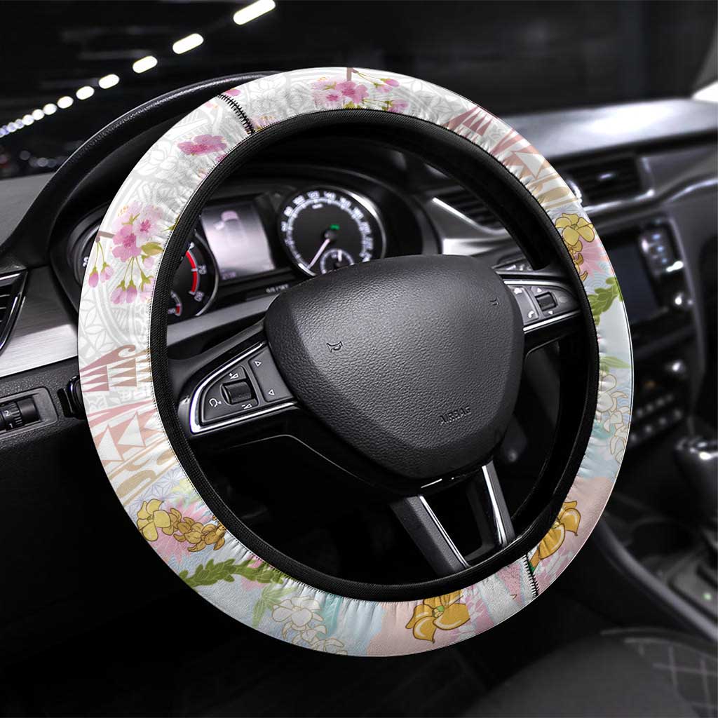 Hawaiian and Japanese Culture Together Steering Wheel Cover Tribal Motifs with Lei and Japanese Sakura Pattern