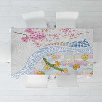 Hawaiian and Japanese Culture Together Tablecloth Tribal Motifs with Lei and Japanese Sakura Pattern LT03 White - Polynesian Pride