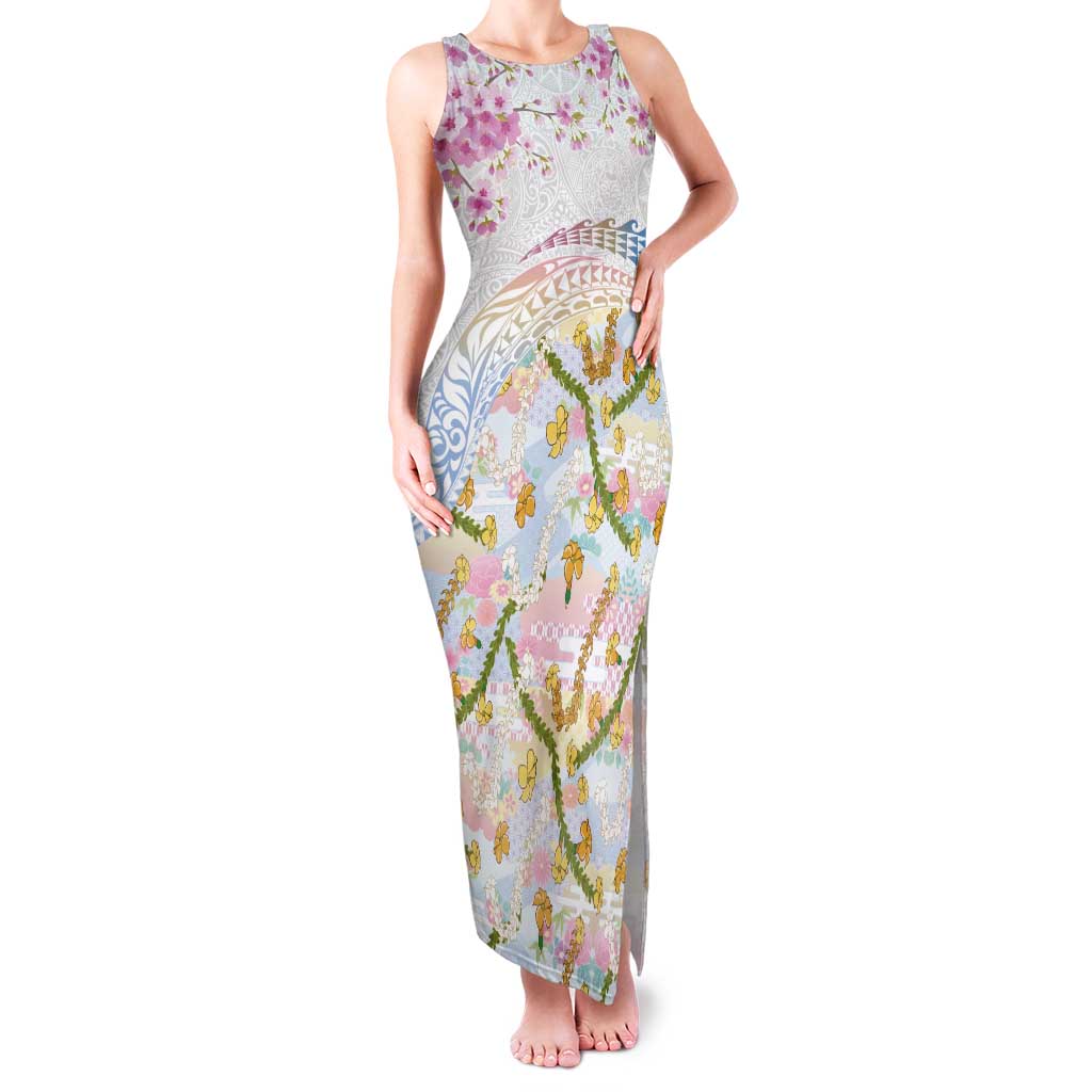 Hawaiian and Japanese Culture Together Tank Maxi Dress Tribal Motifs with Lei and Japanese Sakura Pattern
