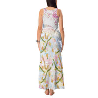 Hawaiian and Japanese Culture Together Tank Maxi Dress Tribal Motifs with Lei and Japanese Sakura Pattern