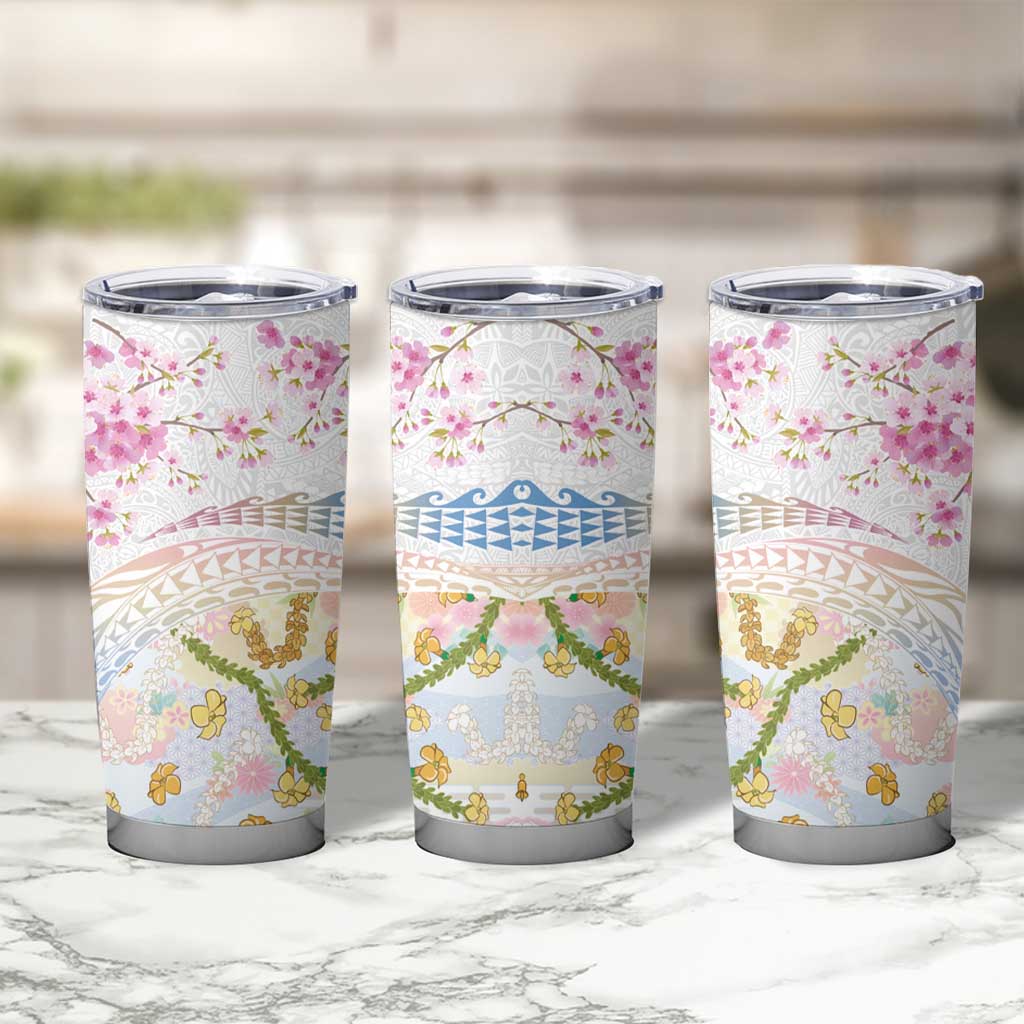 Hawaiian and Japanese Culture Together Tumbler Cup Tribal Motifs with Lei and Japanese Sakura Pattern