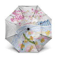Hawaiian and Japanese Culture Together Umbrella Tribal Motifs with Lei and Japanese Sakura Pattern LT03 One Size Folded 11.42 inch Opened Diameter 37.4 inch White - Polynesian Pride