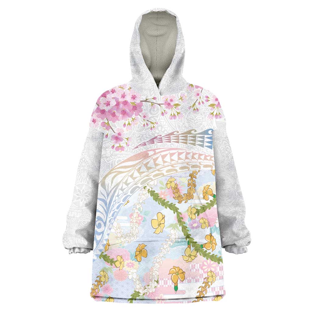 Hawaiian and Japanese Culture Together Wearable Blanket Hoodie Tribal Motifs with Lei and Japanese Sakura Pattern